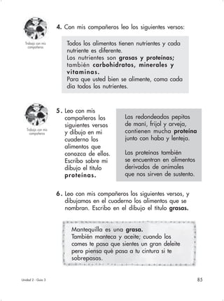 85
Todos los alimentos tienen nutrientes y cada
nutriente es diferente.
Los nutrientes son grasas y proteínas;
también carbohidratos, minerales y
vitaminas.
Para que usted bien se alimente, coma cada
día todos los nutrientes.
Mantequilla es una grasa.
También manteca y aceite; cuando los
comes te pasa que sientes un gran deleite
pero piensa qué pasa a tu cintura si te
sobrepasas.
4. Con mis compañeros leo los siguientes versos:
5 . Leo con mis
compañeros los
siguientes versos
y dibujo en mi
cuaderno los
alimentos que
conozca de ellos.
Escribo sobre mi
dibujo el título
proteínas.
Las redondeadas pepitas
de maní, frijol y arveja,
contienen mucha proteína
junto con haba y lenteja.
Las proteínas también
se encuentran en alimentos
derivados de animales
que nos sirven de sustento.
6 . Leo con mis compañeros los siguientes versos, y
dibujamos en el cuaderno los alimentos que se
nombran. Escribo en el dibujo el título grasas.
Trabajo con mis
compañeros
Unidad 2 - Guía 3
Trabajo con mis
compañeros
 