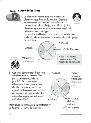 90 Ciencias Naturales y Medio Ambiente 2
Actividades libres
1 . Le pido a mi mamá que me muestre los
alimentos que hay en la cocina. Copio en
mi cuaderno de ciencias naturales un
círculo como el de abajo, y en él dibujo los
alimentos que me mostró mi mamá, según el
nutriente que contengan.
Le muestro el dibujo a mi mamá y le cuento que
cada día debemos comer alimentos de cada grupo
de nutrientes.
Grasas
Carbohidratos:
dulces,
harinas,
plátano y yuca
2 . Con mis compañeros hago una
cartelera con el nombre "La
plaza de mercado de mi
pueblo". En la cartelera
dibujamos, bien grande, un
círculo como éste; en cada
espacio dibujamos los puestos
de la plaza donde vendan los
alimentos según los nutrientes
que contengan.
Mostramos la cartelera a la profesora y
la llevamos al CRA de naturales.
Proteínas
Proteínas
Grasas
Carbohidratos
Frutas y
verduras
(vitaminas),
minerales
Algunos alimentos
pueden poseer 2 o
más tipos de nutrientes
Vitaminas y
minerales
Trabajo sola
Presento mi
trabajo al profesor
Guía 3
DDDDD
 