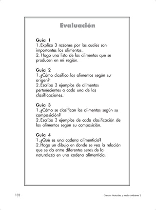 102 Ciencias Naturales y Medio Ambiente 2
Guía 1
1.Explico 3 razones por las cuales son
importantes los alimentos.
2. Hago una lista de los alimentos que se
producen en mi región.
Guía 2
1.¿Cómo clasifico los alimentos según su
origen?
2.Escribo 3 ejemplos de alimentos
pertenecientes a cada una de las
clasificaciones.
Guía 3
1.¿Cómo se clasifican los alimentos según su
composición?
2.Escribo 3 ejemplos de cada clasificación de
los alimentos según su composición.
Guía 4
1.¿Qué es una cadena alimenticia?
2.Hago un dibujo en donde se vea la relación
que se da entre diferentes seres de la
naturaleza en una cadena alimenticia.
Evaluación
 