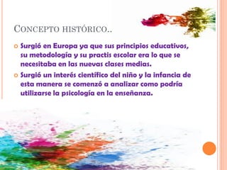 CONCEPTO HISTÓRICO...
 Surgió en Europa ya que sus principios educativos,
su metodología y su practis escolar era lo que se
necesitaba en las nuevas clases medias.
 Surgió un interés científico del niño y la infancia de
esta manera se comenzó a analizar como podría
utilizarse la psicología en la enseñanza.
 