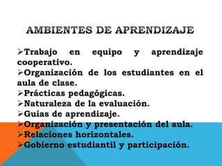 Trabajo en equipo y aprendizaje
cooperativo.
Organización de los estudiantes en el
aula de clase.
Prácticas pedagógicas.
Naturaleza de la evaluación.
Guías de aprendizaje.
Organización y presentación del aula.
Relaciones horizontales.
Gobierno estudiantil y participación.
 