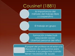 la importancia del
      método del trabajo libre
           y cooperativo



         El trabajo en grupo



       formación intelectual-
         educación social-
     Libertad personal del niño

El papel del profesor es el estar a la
disposición de sus alumnos para
contestar a sus preguntas cuando
tienen necesidad de ayuda
 