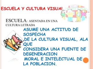 EXHIBIR PELICULAS MORALMENTE EDIFICANTES.ESCUELA Y CULTURA VISUALESCUELA:  ASENTADA EN UNA CULTURA LETRADAASUME UNA ACTITUD DE SOSPECHADE LA CULTURA VISUAL, ALA QUE CONSIDERA UNA FUENTE DE DEGENERACIONMORAL E INTELECTUAL DELA POBLACION. 