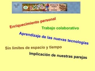onal
               mient   o pers
  Enri   queci
                         Trabajo colaborativo
          Aprend
                   izaje de
                              las nue
                                     vas tecn
                                                ologías
Sin límites de espacio y tiempo
              Implicación de
                             nue        stras parejas
 