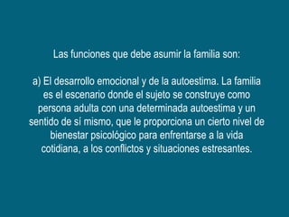 Las funciones que debe asumir la familia son:

 a) El desarrollo emocional y de la autoestima. La familia
    es el escenario donde el sujeto se construye como
  persona adulta con una determinada autoestima y un
sentido de sí mismo, que le proporciona un cierto nivel de
     bienestar psicológico para enfrentarse a la vida
   cotidiana, a los conflictos y situaciones estresantes.
 