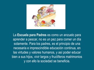 La Escuela para Padres es como un anzuelo para
 aprender a pescar, no es un pez para comer un día
  solamente. Para los padres, es el principio de una
 necesaria e imprescindible educación continua, en
 las virtudes y valores humanos, y así poder educar
bien a sus hijos, vivir largos y fructíferos matrimonios
          y con ello la sociedad se beneficia.
 