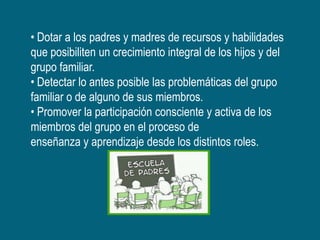 • Dotar a los padres y madres de recursos y habilidades
que posibiliten un crecimiento integral de los hijos y del
grupo familiar.
• Detectar lo antes posible las problemáticas del grupo
familiar o de alguno de sus miembros.
• Promover la participación consciente y activa de los
miembros del grupo en el proceso de
enseñanza y aprendizaje desde los distintos roles.
 