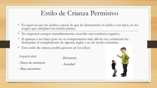 Estilo de Crianza Permisivo
• Es aquel en que los padres a pesar de que les demuestran el cariño a sus hijos, no les
exigen que cumplan con ciertas pautas.
• No imponen castigos inmediatamente ocurrido una conducta negativa.
• Sí quieren a sus hijos pero no se comprometen más allá de eso, solamente les
demandan el cumplimiento de algunas reglas y no de modo constante.
• Este estilo de crianza podría generar en los niños:
- Impulsividad
- Abuso de sustancias
- Baja autoestima
- Desinterés
- Ansiedad
 