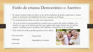 Estilo de crianza Democrático o Asertivo
• Se ejerce control sobre los hijos, se les da la confianza de poder expresarse y tomar
parte en el proceso de implantar las leyes o pautas en el hogar.
• La comunicación cobra un valor muy importante.
• Se le da al niño la oportunidad de sentirse que es parte del núcleo familiar, a la
misma vez que se le enseña que hay que seguir unas reglas dentro de ese mismo
grupo o entidad, que le ayudarán más adelante a integrarse en la sociedad.
• Este estilo de crianza podría generar en los niños:
- Alta autoestima
- Seguridad en sí mismo- Liderazgo
- Asertividad
- Expresividad
 