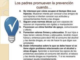 Los padres promueven la prevención 
cuando… 
6. Se interesan por cómo ocupan el tiempo libre sus 
hijos/as. Muestran interés por conocer a los amigos de 
sus hijos/as e intentan conocer sus actitudes y 
comportamientos frente a las drogas 
7. Siguen unas normas éticas que son capaces de 
razonar sin imponerlas con rigidez o manipulación 
8. Favorecen un clima familiar de apoyo, comunicación 
y afecto. 
9. Fomentan valores firmes y adecuados. Si sus hijos e 
hijas tienen valores firmes y adecuados, tendrán mayor 
fuerza u entereza para decir NO al consumo del alcohol 
y las demás drogas, en vez de hacer lo que digan sus 
amistades. 
10. Están informados sobre lo que se debe hacer si se 
tiene algún problema relacionado con el alcohol u 
otras drogas. Aprender a reconocer los signos de los 
problemas asociados al consumo del alcohol, el tabaco 
y las demás drogas es importante . Y si es necesario 
conseguir ayuda inmediatamente. 
 