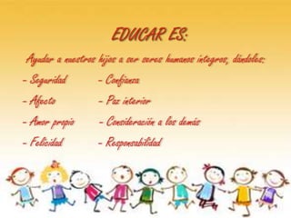 EDUCAR ES:
 Ayudar a nuestros hijos a ser seres humanos íntegros, dándoles:
- Seguridad        - Confianza
- Afecto           - Paz interior
- Amor propio      - Consideración a los demás
- Felicidad        - Responsabilidad
 