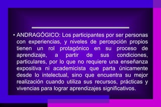 • ANDRAGÓGICO: Los participantes por ser personas
  con experiencias, y niveles de percepción propios
  tienen un rol protagónico en su proceso de
  aprendizaje, a partir de sus condiciones,
  particulares, por lo que no requiere una enseñanza
  expositiva ni academicista que parta únicamente
  desde lo intelectual, sino que encuentra su mejor
  realización cuando utiliza sus recursos, prácticas y
  vivencias para lograr aprendizajes significativos.
 
