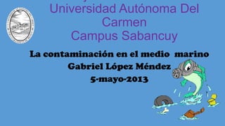 Universidad Autónoma Del
Carmen
Campus Sabancuy
La contaminación en el medio marino
Gabriel López Méndez
5-mayo-2013
 