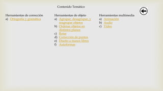Contenido Temático
Herramientas de corrección
a) Ortografía y gramática
Herramientas de objeto
a) Agrupar, desagrupar, y
reagrupar objetos
b) Ordenar objetos en
distintos planos
c) Rotar
d) Corrección de puntos
e) Diseño a manos libres
f) Autoformas
Herramientas multimedia
a) Animación
b) Audio
c) Video
 