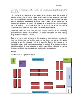 02/03/12


La revisión se interrumpe por los honores a la bandera, evento donde se presentó
lo siguiente:

Los grupos se forman frente a sus aulas, no en el patio como tal, sino en la
sombra, la dirección del evento estaba a cargo del grupo de primero C y los niños
eran los que leían los eventos, daban ordenes de saludar y firmes etc. Se pudo
apreciar excelentes avances en lectura y memorización con las efemérides, se
presentó un bailable y se dieron indicaciones de la semana así como una reseña
del 2 de marzo. El comportamiento de loa alumnos fue regular ya que se
inquietaron en la parte final, entonaban los himnos pero muy bajo.

Finalmente y de vuelta en el salón, los niños pasaron a revisión de sus anuncios y
quien terminaba podía salir al recreo. Los niños trabajaban con más orden y
después de revisar salían a comer.

Durante el recreo pude preguntar a dos grupos de alumnos sobre su docente,
ellos me decían que les gustaba estar en su clase, que siempre les pedía
participar y que les gustaba venir a la escuela. Durante la estancia en la
comunidad estuve en la plaza que se puso a un costado de la escuela, pregunte
sobre información de otras escuelas, la gente respondió con claridad, la mayoría
de los comerciantes eran de Apaxco al igual que los compradores.

Anexos

1 Distribución de espacio en el aula
  Locker




                                 Pizarrón blanco                             Locker
             ESCRITO
             RIO


                                                                                          Librero
                                                                                      Puerta




                                 Pizarrón cuadriculado
 