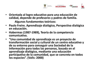 • Orientada al logro educativo para una educación de
calidad, depende de profesores y padres de familia.
Algunos fundamentos teóricos:
• Paulo Freire. Aprendizaje dialógico, Perspectiva dialógica
en educación.
• Habermas (1987-1989), Teoría de la competencia
comunicativa.
• “Una comunidad de aprendizaje es un proyecto de
transformación social y cultural de un centro educativo y
de su entorno para conseguir una Sociedad de la
Información para todas las personas, basada en el
aprendizaje dialógico, mediante una educación
participativa de la comunidad, que se concreta en todos
los espacios”. (Valls: 2000)

 