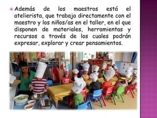  Además de los maestros está el
atelierista, que trabaja directamente con el
maestro y los niños/as en el taller, en el que
disponen de materiales, herramientas y
recursos a través de los cuales podrán
expresar, explorar y crear pensamientos.
 