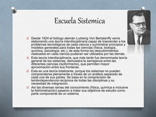 Escuela Sistemica
O Desde 1924 el biólogo alemán Ludwing Von Bertalanffy venía
elaborando una teoría interdisciplinaria capaz de trascender a los
problemas tecnológicos de cada ciencia y suministrar principios y
modelos generales para todas las ciencias (física, biología,
química, psicología, etc.); de esta forma los descubrimientos
realizados en cada ciencia pudieran ser utilizados por las demás.
O Esta teoría interdisciplinaria, que más tarde fue denominada teoría
general de los sistemas, demuestra la semejanza entre las
diferentes ciencias (isoformismo), que permiten mayor
aproximación entre sus fronteras.
O Esta es una teoría totalizante, porque los sistemas no pueden
comprenderse plenamente a través de un análisis separado de
cada una de sus partes. Se basa en la comprensión de
lainterdependencia recíproca de todas las disciplinas y su
necesidad de integración.
O Así las diversas ramas del conocimiento (física, química e inclusive
la Administración) pasaron a tratar sus objetivos de estudio como
parte componente de un sistema.
 