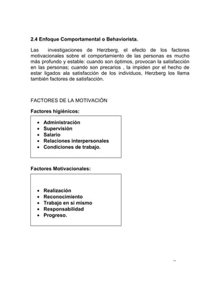 2.4 Enfoque Comportamental o Behaviorista.

Las     investigaciones de Herzberg, el efecto de los factores
motivacionales sobre el comportamiento de las personas es mucho
más profundo y estable: cuando son óptimos, provocan la satisfacción
en las personas; cuando son precarios , la impiden por el hecho de
estar ligados ala satisfacción de los individuos, Herzberg los llama
también factores de satisfacción.



FACTORES DE LA MOTIVACIÓN

Factores higiénicos:

  •   Administración
  •   Supervisión
  •   Salario
  •   Relaciones interpersonales
  •   Condiciones de trabajo.



Factores Motivacionales:



  •   Realización
  •   Reconocimiento
  •   Trabajo en si mismo
  •   Responsabilidad
  •   Progreso.
 