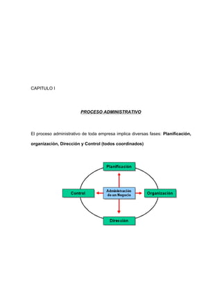 CAPITULO I




                        PROCESO ADMINISTRATIVO




El proceso administrativo de toda empresa implica diversas fases: Planificación,

organización, Dirección y Control (todos coordinados)
 