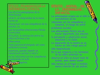 <ul><li>EFECTO  SOCIAL  DE  LA  ENFERMEDAD  INFANTIL </li></ul><ul><li>La enfermedad origina en el niño la inestabilidad e...