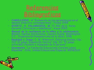 Referencias Bibliograficas <ul><li>CAMILLIONI, A  “Evaluación de los aprendizajes en el debate didáctico contemporáneo”. P...