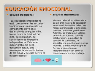 EDUCACIÓN EMOCIONALEDUCACIÓN EMOCIONAL
 Escuela tradicional:
-La educación emocional no
está presente en las escuelas
tradicionales, siendo este un
componente clave en el
desarrollo de cualquier niño.
No se busca la felicidad del
niño, su realización, su
sentimiento de libertad e
independencia. Este es el
mayor problema de la
educación actual, que
menosprecia los sentimientos
de los niños y de esto deriva el
fracaso escolar.
 Escuelas alternativas:
-Las escuelas alternativas dotan
de un gran valor a la educación
emocional. Los niños deben ser
felices aprendiendo y esto debe
resultar una tarea gratificante.
Además, se trabajarán valores
de carácter humano como la
colaboración, la amistad, la
caridad, la curiosidad, la
simpatía y la gratitud entre otras
muchas. El objetivo principal es
formar a gente buena,
independiente y con amor al
conocimiento y el aprendizaje.
 