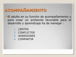 ACOMPAÑAMIENTOACOMPAÑAMIENTO
El adulto en su función de acompañamiento y
para crear un ambiente favorable para el
desarrollo y aprendizaje ha de manejar :
1. LÍMITES
2. CONFLICTOS
3. AGRESIONES
4. COMPARTIR
 