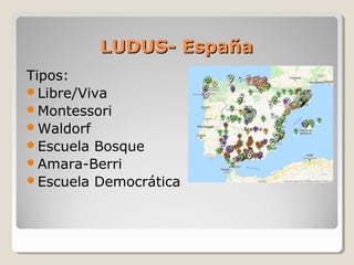 LUDUS- EspañaLUDUS- España
Tipos:
Libre/Viva
Montessori
Waldorf
Escuela Bosque
Amara-Berri
Escuela Democrática
 