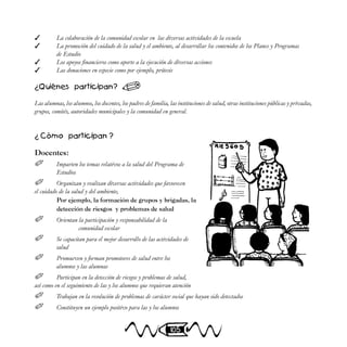 105
 La colaboración de la comunidad escolar en las diversas actividades de la escuela
 La promoción del cuidado de la salud y el ambiente, al desarrollar los contenidos de los Planes y Programas
de Estudio
 Los apoyos financieros como aporte a la ejecución de diversas acciones
 Las donaciones en especie como por ejemplo, prótesis
¿Quiénes participan?
Las alumnas, los alumnos, los docentes, los padres de familia, las instituciones de salud, otras instituciones públicas y privadas,
grupos, comités, autoridades municipales y la comunidad en general.
¿ Cómo participan ?
Docentes:
 Imparten los temas relativos a la salud del Programa de
Estudios
 Organizan y realizan diversas actividades que favorecen
el cuidado de la salud y del ambiente,
Por ejemplo, la formación de grupos y brigadas, la
detección de riesgos y problemas de salud
 Orientan la participación y responsabilidad de la
comunidad escolar
 Se capacitan para el mejor desarrollo de las actividades de
salud
 Promueven y forman promotores de salud entre los
alumnos y las alumnas
 Participan en la detección de riesgos y problemas de salud,
así como en el seguimiento de las y los alumnos que requieran atención
 Trabajan en la resolución de problemas de carácter social que hayan sido detectados
 Constituyen un ejemplo positivo para las y los alumnos

 