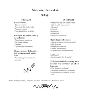 20
Biodiversidad
- Tipos de seres vivos
- Importancia de la biodiversidad
- Especies en extinción
- Diversidad biológica de México
Ecología: los seres vivos y
su ambiente
- La ecología y su importancia
- Los sistemas ecológicos
- Fotosíntesis
- Diferentes tipos de ecosistemas
Consecuencias de la activi-
dad humana en el ambi-
ente
- Acciones para prevenir problemas
ambientales
Funciones de los seres vivos
- Relación tejido-órgano-sistema
- Circulación
- Nutrición
- Crecimiento
- Reproducción
- Percepción y coordinación
Reproducción humana
- Sistema reproductor femenino y masculino
- Ciclo menstrual
- Fecundación y embarazo
- Métodos anticonceptivos
- Enfermedades de transmisión sexual
La Salud
- La alimentación: base de la salud
Enfermedades infecciosas y para-
sitarias más comunes en el ser
humano
- Usos de los servicios de salud
- Tabaquismo, drogadicción y alcoholismo
- Responsabilidad del estudiante hacia la
vida
Fuente: SEP (1993) Plan y Programas de Estudio. Educación Básica. Secundaria. México.
Educación Secundaria
Biología
1º GRADO 2º GRADO
✐
 