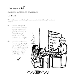26
¿ Qué hacer ?
EN CUANTO AL PROGRAMA DE ESTUDIOS
Los docentes
☞ Desarrollan temas de salud y los vinculan con situaciones cotidianas y los conocimientos
adquiridos
☞ Fomentan el desarrollo de
valores como la autoestima, el
respeto, la responsabilidad
personal y compartida, el
aprecio a la salud y la
vida, la no violencia, la
asertividad, la disciplina
☞ Promueven en todo momento
de acuerdo al grado escolar, la
reflexión de las y los alumnos y
la toma de decisiones, partiendo
de vivencias y experiencias;
identificación de riesgos y
medidas de prevención

✓
 