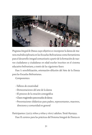 51
ProgramaIntegraldeDanza:cuyo objetivo es incorporar la danza de ma-
neramultidisciplinariaenlasEscuelasBolivarianascomoherramienta
paraeldesarrollointegralcomunitarioapartirdelaformacióndenue-
vos ciudadanos y ciudadanas en edad escolar inscritos en el sistema
educativo bolivariano,a través de las siguientes fases:
Fase I: sensibilización, orientación-difusión del Arte de la Danza
para las Escuelas Bolivarianas.
Componentes:
–Talleres de creatividad
–Demostraciones del arte de la danza
–El proceso de la creación coreográﬁca
–Clasesmagistralesparaescuelasdedanza
–Presentaciones didácticas para padres, representantes, maestros,
directores y comunidad en general
Participantes:73075 niños y niñas y 16017 adultos.Total:890992.
Fase II:centros para las prácticas del Sistema Integral de Danza en
 