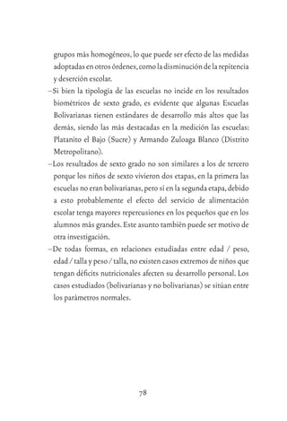 78
grupos más homogéneos,lo que puede ser efecto de las medidas
adoptadasenotrosórdenes,comoladisminucióndelarepitencia
y deserción escolar.
–Si bien la tipología de las escuelas no incide en los resultados
biométricos de sexto grado, es evidente que algunas Escuelas
Bolivarianas tienen estándares de desarrollo más altos que las
demás, siendo las más destacadas en la medición las escuelas:
Platanito el Bajo (Sucre) y Armando Zuloaga Blanco (Distrito
Metropolitano).
–Los resultados de sexto grado no son similares a los de tercero
porque los niños de sexto vivieron dos etapas, en la primera las
escuelas no eran bolivarianas,pero sí en la segunda etapa,debido
a esto probablemente el efecto del servicio de alimentación
escolar tenga mayores repercusiones en los pequeños que en los
alumnos más grandes.Este asunto también puede ser motivo de
otra investigación.
–De todas formas, en relaciones estudiadas entre edad / peso,
edad / talla y peso / talla,no existen casos extremos de niños que
tengan déﬁcits nutricionales afecten su desarrollo personal. Los
casos estudiados (bolivarianas y no bolivarianas) se sitúan entre
los parámetros normales.
 