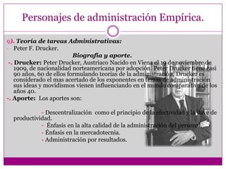 Personajes de administración Empírica.
9). Teoría de tareas Administrativas:
- Peter F. Drucker.
Biografía y aporte.
-. Drucker: Peter Drucker, Austriaco Nacido en Viena el 19 de noviembre de
1909, de nacionalidad norteamericana por adopción. Peter Drucker tiene casi
90 años, 60 de ellos formulando teorías de la administración, Drucker es
considerado el mas acertado de los exponentes en temas de administración
sus ideas y movidismos vienen influenciando en el mundo comparativo de los
años 40.
-. Aporte: Los aportes son:
- Descentralización como el principio de la efectividad y la llave de
productividad.
- Énfasis en la alta calidad de la administración del personal.
- Énfasis en la mercadotecnia.
- Administración por resultados.
 