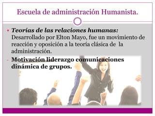 Escuela de administración Humanista.
 Teorías de las relaciones humanas:
Desarrollado por Elton Mayo, fue un movimiento de
reacción y oposición a la teoría clásica de la
administración.
- Motivación liderazgo comunicaciones
dinámica de grupos.
 