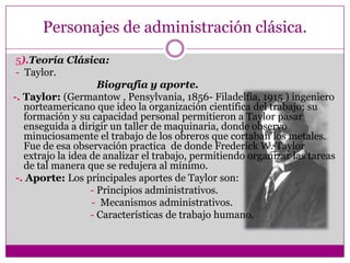Personajes de administración clásica.
5).Teoría Clásica:
- Taylor.
Biografía y aporte.
-. Taylor: (Germantow , Pensylvania, 1856- Filadelfia, 1915 ) ingeniero
norteamericano que ideo la organización científica del trabajo; su
formación y su capacidad personal permitieron a Taylor pasar
enseguida a dirigir un taller de maquinaria, donde observo
minuciosamente el trabajo de los obreros que cortaban los metales.
Fue de esa observación practica de donde Frederick W. Taylor
extrajo la idea de analizar el trabajo, permitiendo organizar las tareas
de tal manera que se redujera al mínimo.
-. Aporte: Los principales aportes de Taylor son:
- Principios administrativos.
- Mecanismos administrativos.
- Características de trabajo humano.
 