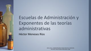 Escuelas de Administración y
Exponentes de las teorías
administrativas
Héctor Meneses Ríos
JOSE LUIS G.L: ADMINISTRACIÓN; TEORIA PRACTICA Y SERVICIOS
DE SALUD, SALUD PUBLICA MEX,NUM 4 1984
 