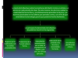 La teoría de la Bauhaus sobre la enseñanza del diseño incluía un artista y un técnico en cada estudio de clase. De esta manera, los alumnos usaban su creatividad de forma libre y, simultáneamente aprendían la técnica. Los alumnos practicaban en los talleres por periodos cortos, con el fin de que entendieran la tecnología para la que posteriormente diseñarían.Los principios fundamentales de la Bauhaus los podemos resumir en los siguientesRuptura con lo tradicional y con los estilos preestablecidosPredominio de la función sobre la forma.Interrelación estrecha entre, por un lado, la arquitectura y el diseño y, por otro, las ciencias aplicadas.Adecuación de la vivienda a los recursos y necesidades humanas.Una efectiva planificación urbana.