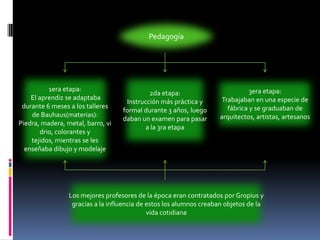 Pedagogía1era etapa: El aprendiz se adaptaba durante 6 meses a los talleres de Bauhaus(materias):Piedra, madera, metal, barro, vidrio, colorantes y tejidos, mientras se les enseñaba dibujo y modelaje2da etapa:Instrucción más práctica y formal durante 3 años, luego daban un examen para pasar a la 3ra etapa3era etapa:Trabajaban en una especie de fábrica y se graduaban de arquitectos, artistas, artesanosLos mejores profesores de la época eran contratados por Gropius y gracias a la influencia de estos los alumnos creaban objetos de la vida cotidiana