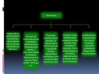 ResultadosA pesar de su corta existencia (15 años) sus repercusiones tras su clausura fue similar a la Bauhaus.Gracias a la manera de pensar “cartesiana” delimitaron las fronteras entre diseño y arte, entre diseño y artesanía. Determinaron lo que era “buen diseño” de lo que no.Como los miembros de la Bauhaus, el colectivo de la Ulm no son solo un grupo de artistas, arquitectos o diseñadores, sino una comunidad espiritual y vital.Un gran numero de diseñadores emigraron a Italia, a fundar otras escuelas en Alemania. Casi la mitad trabajan en estudios o departamentos de diseño dentro de las empresas.Se aplicaron los principios de la Ulm a en el contexto industrial mediante el trabajo de los hermanos Braun.