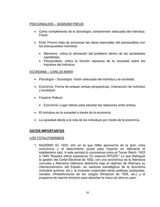 10 
PSICOANALISIS – SIGMUND FREUD 
 Como complemento de la Sociología, comprensión adecuada del individuo; 
Freud. 
 Erich Fromm trata de armonizar las ideas esenciales del psicoanálisis con 
los presupuestos marxistas: 
 Marxismo: critica la alineación del proletario dentro de las sociedades 
capitalistas. 
 Psicoanálisis: critica la función represiva de la sociedad sobre los 
impulsos del individuo. 
ECONOMIA – CARLOS MARX 
 Psicología – Sociología: Visión adecuada del individuo y la sociedad. 
 Economía: Forma de enlazar ambas perspectivas, (interacción de individuo 
y sociedad) 
 Friedrich Pollock: 
 Economía: Lugar idóneo para estudiar las relaciones entre ambos. 
 El individuo en la sociedad a través de la economía. 
 La sociedad afecta a la vida de los individuos por medio de la economía. 
DATOS IMPORTANTES 
LOS TOTALITARISMOS 
1. NAZISMO En 1933, año en el que Hitler aprovecha de la gran crisis 
económica y el descontento social para imponer en Alemania el 
totalitarismo nazi. A este período lo conocemos como el Tercer Reich: 1933 
a 1945 "Nuestra última esperanza: En esencia HITLER." Lo que distinguió 
la gestión del Cartel Electoral de 1932, con una económica de la Alemania 
convulsa y Alemania hitleriana deshecha bajo el régimen de Weimary su 
intervencionismo del Estado, en sectores estratégicos de la economía 
(industria química, etc.), la inversión engrandes obras públicas (autopistas, 
canales, infraestructuras de los Juegos Olímpicos de 1936, etc.) y el 
programa de rearme sirvieron para absorber la mano de obra en paro. 
 