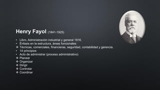 Henry Fayol (1841-1925)
• Libro, Administración industrial y general 1916.
• Énfasis en la estructura, áreas funcionales:
❖ Técnicas, comerciales, financieras, seguridad, contabilidad y gerencia.
• 14 principios
• Acto de administrar (proceso administrativo)
❖ Planear
❖ Organizar
❖ Dirigir
❖ Controlar
❖ Coordinar
 