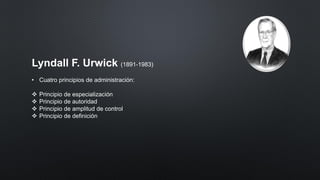 Lyndall F. Urwick (1891-1983)
• Cuatro principios de administración:
❖ Principio de especialización
❖ Principio de autoridad
❖ Principio de amplitud de control
❖ Principio de definición
 