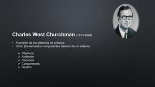 Charles West Churchman (1913-2004)
• Fundador de los sistemas de enfoque.
• Cinco (5) elementos componentes básicos de un sistema .
➢ Objetivos
➢ Ambiente
➢ Recursos
➢ Componentes
➢ Gestión
 