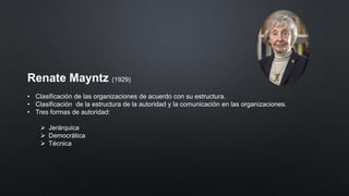 Renate Mayntz (1929)
• Clasificación de las organizaciones de acuerdo con su estructura.
• Clasificación de la estructura de la autoridad y la comunicación en las organizaciones.
• Tres formas de autoridad:
➢ Jerárquica
➢ Democrática
➢ Técnica
 