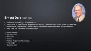 Ernest Dale ( 1917-1996)
• Asesorías en liderazgo y organización.
• Afirma que la dirección de empresas no es una Ciencia exacta como otras; por esto es
esencial que los directivos usen su criterio basado en el sentido común y la experiencia.
• Para Dale, las funciones del directivo son:
➢ Planteamiento
➢ Organización
➢ Dirección
➢ Control
➢ Manejo de personal (liderazgo)
➢ Innovación
➢ Coordinación.
 