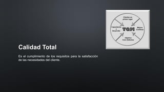 Calidad Total
Es el cumplimiento de los requisitos para la satisfacción
de las necesidades del cliente.
 