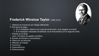 Frederick Winslow Taylor (1856-1915)
• Sistema de incentivos por trabajo diferencial.
❖ Dos tipos de pago:
➢ Si un trabajador obtenía una cuota de producción, se le pagaba una tarifa.
➢ Si el trabajador rebasaba el estándar, se le remuneraba con la segunda tarifa.
• Énfasis en la tarea.
• Libro, Principios de gestión científica.
❖ Estudio de tiempos y movimientos.
❖ Selección de personal.
❖ Métodos de trabajo.
❖ Incentivos.
❖ Especialización
❖ Entrenamiento.
 