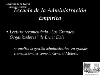 Escuela de la Administración Empírica Escuelas de la Teoría Administración  Lectura recomendada “Los Grandes Organizadores” de Ernet Dale  se analiza la gestión administrativa  en grandes transnacionales como la General Motors. 